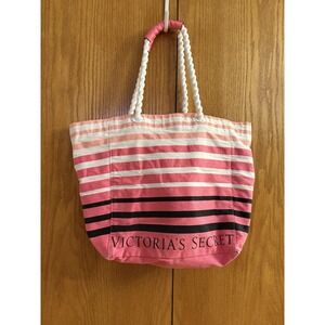 Victoria's Secret Large Tote Logo Stripe Weekender Beach Bag Fun Pink Black Rope